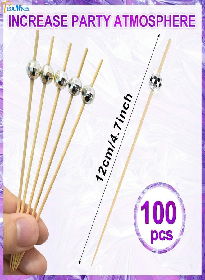 PEOUWNES ١٠٠ قطعة من أعواد الكوكتيل الفضية المزخرفة على شكل كرة ديسكو، مع علبة متينة، أعواد أسنان PEOUWNES بطول ٤.٧ بوصة للمقبلات، أسياخ خيزران فاخرة للمقبلات والمشروبات والفواكه، زينة حفلات الديسكو - Image 4